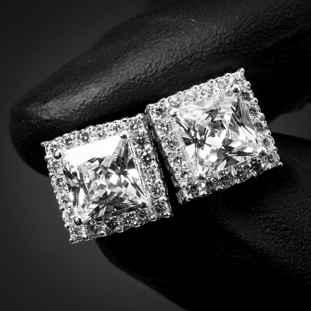 White Gold 925 Sterling Silver Unisex Square Princess Cut Halo Stud Screw Back Earrings