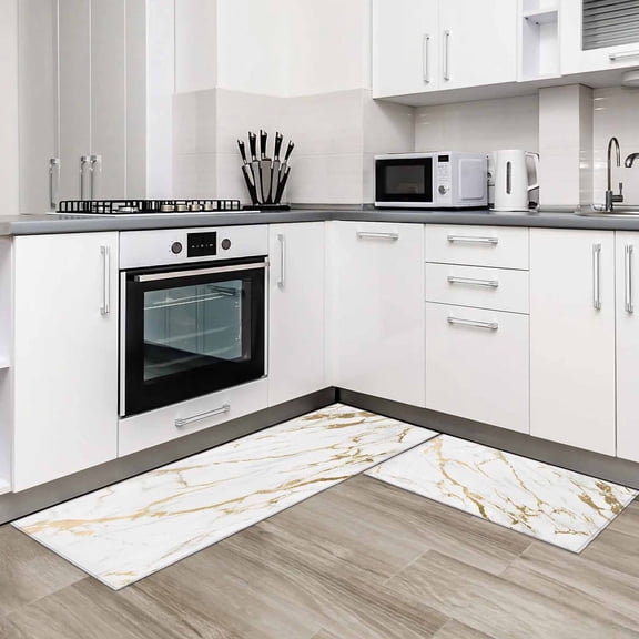 White Gold Abstract 2 Pieces Non-Slip Kitchen Mat Set Modern Marble Geometric Soft Door Mat with Rubber Backing,Dirtproof Rugs for Entrance Doorway 18x30in+18x60in