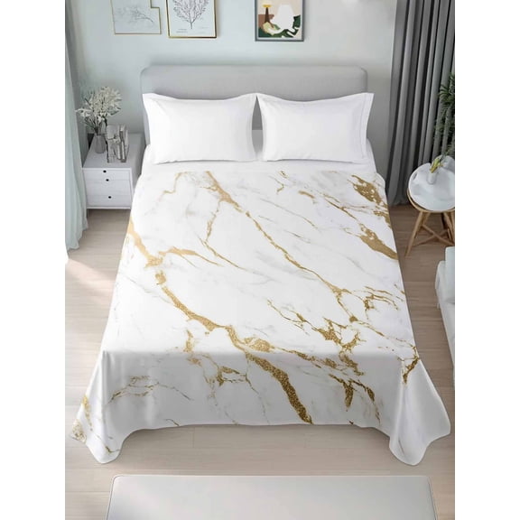White Gold Abstract Queen Size Flat Sheet, Wrinkleproof & Fadeproof Cooling Flat Bed Sheet Only, Modern Marble Geometric Breathable Soft Bedding Top Sheets 90 x 102 Inches