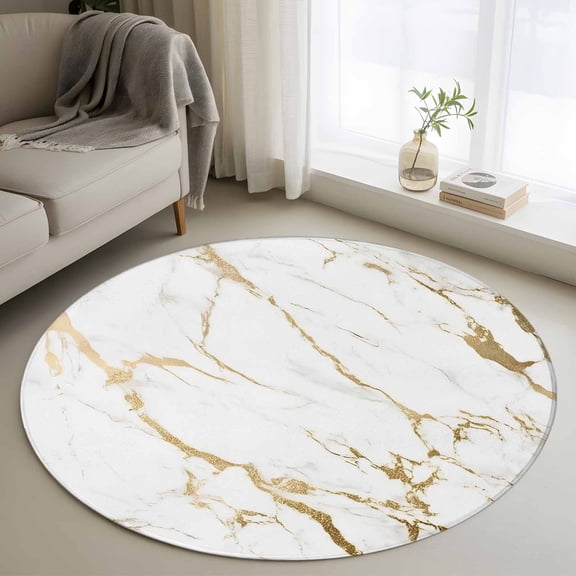 White Gold Abstract Round Area Rug 4 FT, Non Slip Indoor Outdoor Rug, Modern Marble Geometric Washable Soft Circular Carpet Non-Shedding Floor Mat for Coffee Table Nursery Foyer Balcony