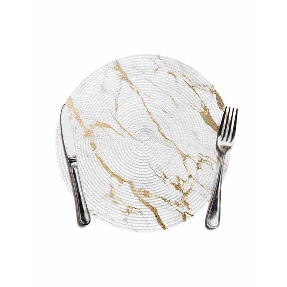White Gold Abstract Round Placemats for Dinning Tables, Heat-proof Braided Table Mats 13 Inch, Modern Marble Geometric Washable Place Mat for Kitchen Restaurant Party Decor Supplies Table Setting