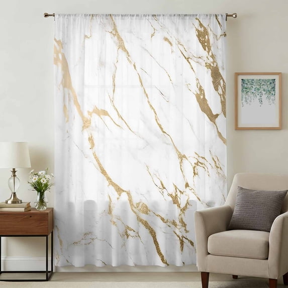 White Gold Abstract Sheer Curtains 45 Inches Long, Modern Marble Geometric Light Filering Curtains, Breathable Simi Curtain Privacy Drapes for Kitchen Bathroom Lightweight Small Window Treatment