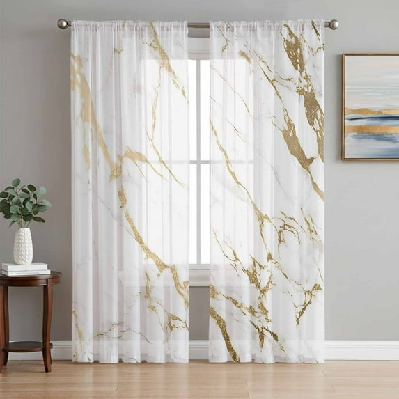 White Gold Abstract Sheer Curtains 84 Inch Length 2 Panels Set, Modern Marble Geometric Voile Window Treatment Rod Pocket Curtains Sheers Drapes for Bedroom/Living Room/Kitchen 52"x84"x2