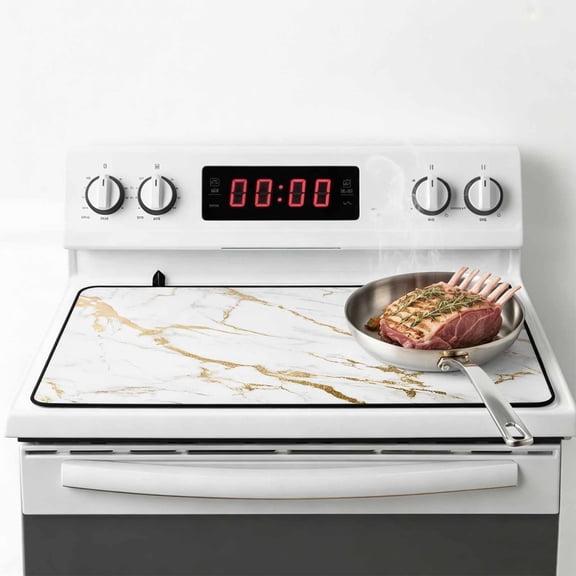 White Gold Abstract Stove Top Cover for Electric Stove, Heat-proof & Non Slip Glass Top Stove Cover Protector, Modern Marble Geometric Kitchen Flat Cooktop Rubber Mat 28.5x20.5 Inches