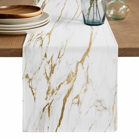 White Gold Abstract Table Runner, Modern Marble Geometric Washable Cotton Linen Table Runners 48 Inches Long, Dresser Scarf Runner for Nightstand/Coffee/End Tables 13''x48''