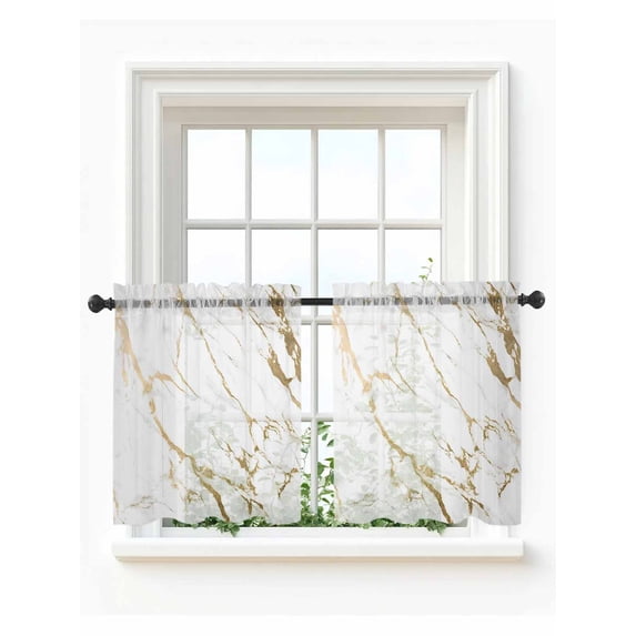 White Gold Abstract Tier Curtains 24 Inch Length, Sheer Curtains for Bedroom Living Room Window Modern Marble Geometric Rod Pocket Voile Drapes Kitchen Curtains Small Half Window 27.5"x24" 2 Panels