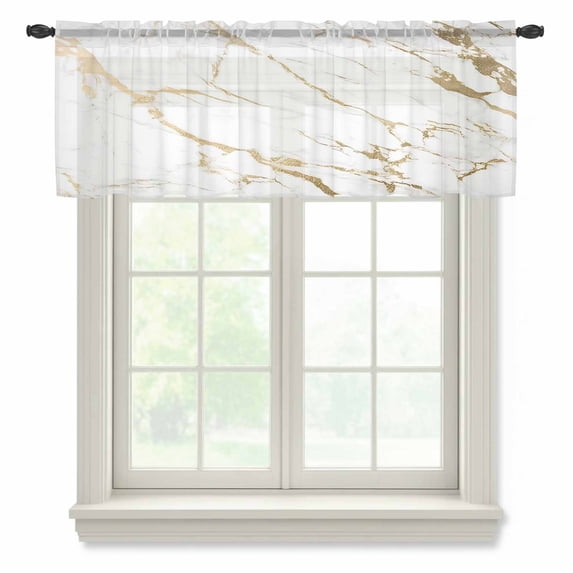 White Gold Abstract Valance Curtains for Kitchen/Living Room/Bathroom/Bedroom Window, Rod Pocket Small Topper Half Short Window Curtains Voile Sheer Scarf, Modern Marble Geometric 60"x18"
