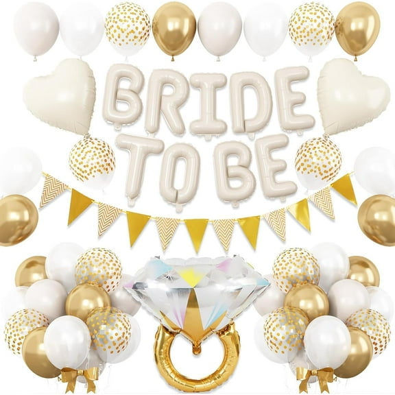 White and Gold Bachelorette Party Decorations Kit, Sand White Bride to Be Banner with Diamond Ring and Heart Balloons, for Bridal Shower Engagement Wedding