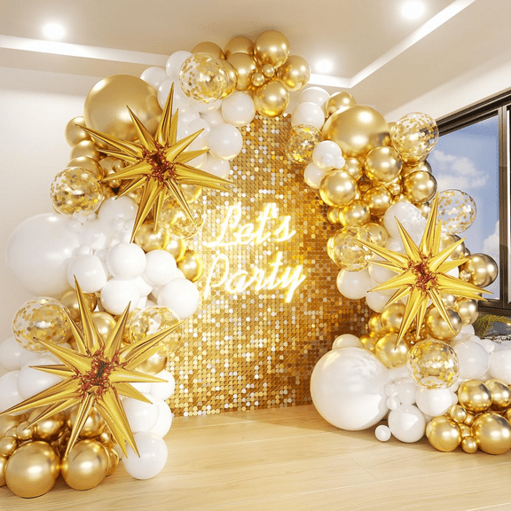 White and Gold Balloons Garland Arch Kit, 62Pcs White Metallic Gold Confetti Balloon with Star Foil Balloons for Birthday Wedding Engagements Graduation Baby Shower Anniversary Party Decorations