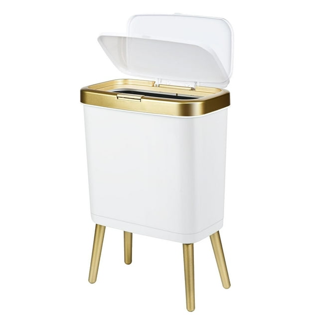 White and Gold Bathroom Trash Can, Slim Garbage Can with Lid, 4 Gallon