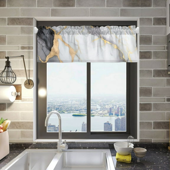 White Gold Black Marble Valance Curtains 54"x18" Rod Pocket for Kitchen Living Room Windows Farmhouse Decor