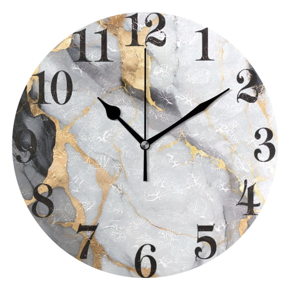 White Gold Black Marble Wall Clock 9.8 inch Battery Operated Clocks Non-Ticking Silent for Bedroom Office Kitchen Living Room