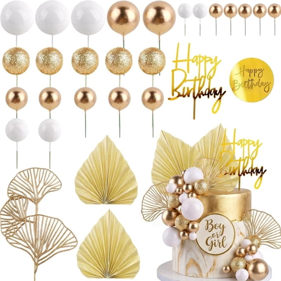 White & Gold Boho Cake Topper Set, Balls, Palm Leaves & Happy Birthday Decorations for Birthday, Wedding & Baby Shower