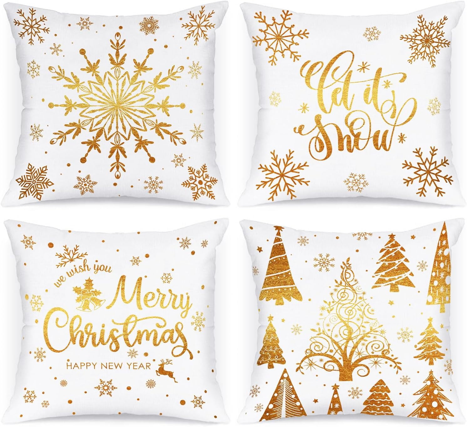 White and Gold Bronzing Christmas Throw Pillow Covers 18x18 Set of 4, 18 inch Decorative Xmas Cushion Covers Pillow Cases for 18 x 18 Home Bedroom Room Holiday Couch Decor Decorations