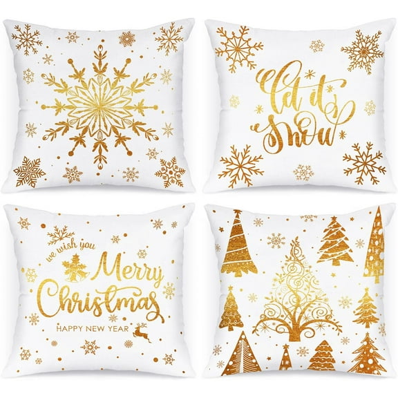 White and Gold Bronzing Christmas Throw Pillow Covers 20x20 Set of 4, 20 inch Decorative Xmas Cushion Covers Pillow Cases 20 x 20 for Home Bedroom Room Holiday Couch Decor Decorations