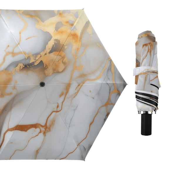 White Gold Brown Marble Compact Sun Umbrella Windproof Travel Umbrellas for Rain Strong Portable UV Protection