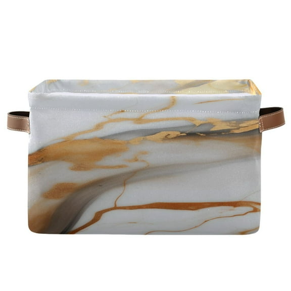 White Gold Brown Marble Storage Bins with Handle Fabric Organizer Basket Foldable Box 1 Pack 14.2x10.2x8.3