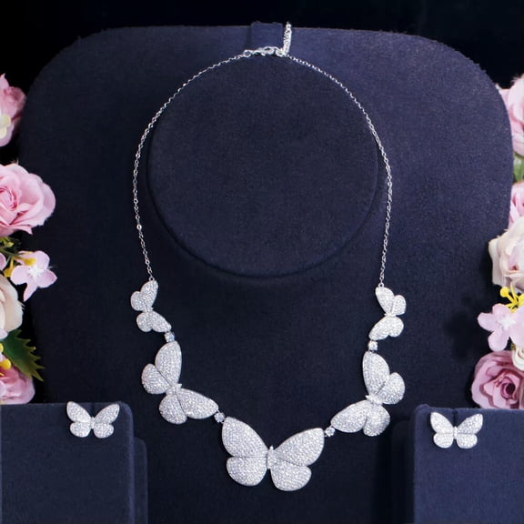 White Gold CZ Big Butterfly Costume Necklace Stud Earrings Jewelry Set for Women