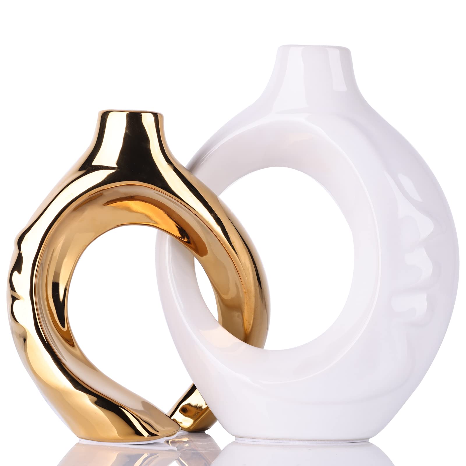 White Gold Ceramic Vase Set of 2 for Modern Home Decor,Round Boho Vase ...