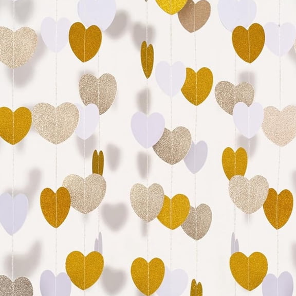 White-Gold Champagne Party-Decorations Heart Streamers Garland - 52Ft Christmas Wedding Engagement Hanging Paper Banner,Bachelorette Neutral Baby Bridal Shower Decor Banners Lasting Surprise