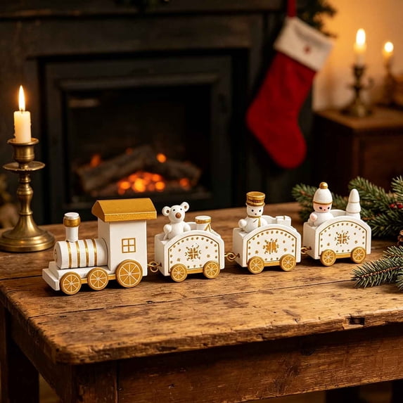 White Gold Christmas Wooden Mini Train Tabletop Ornament, 4-Car Connected Train Decor with Snowman Bear Figurines for Xmas Home Mantel & Table Decor