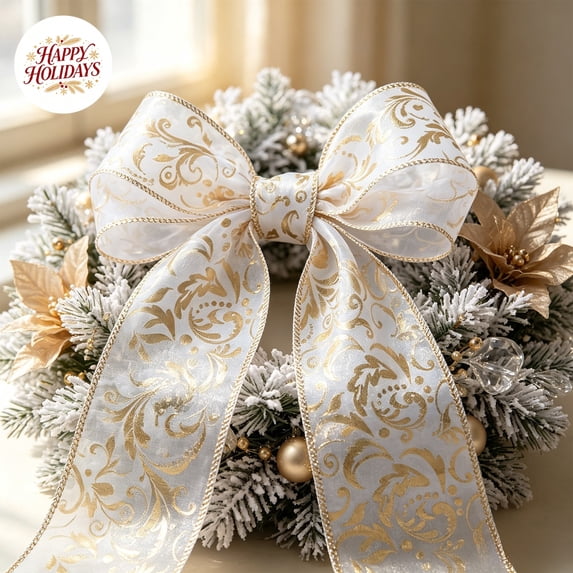 White/Gold Cloth Christmas Ribbon, 10 Yards x 2.48 Inches, Wired Edge, for Gift Wrapping, Wreath, Tree Decor