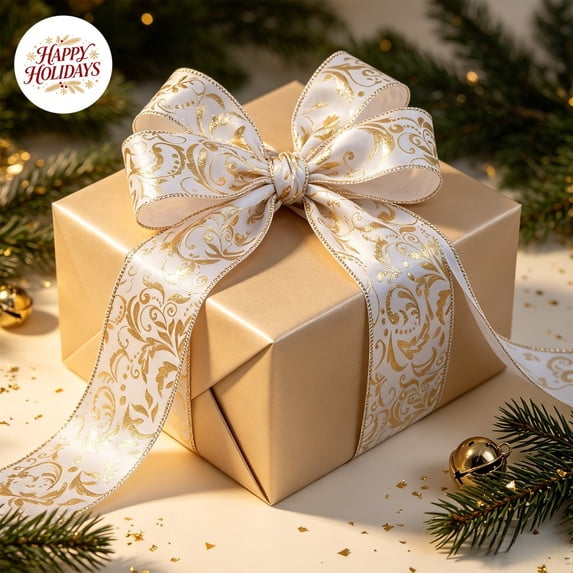 White/Gold Cloth Christmas Ribbon, 10 Yards x 2.48 Inches, Wired Edge, for Gift Wrapping, Wreath, Tree Decor