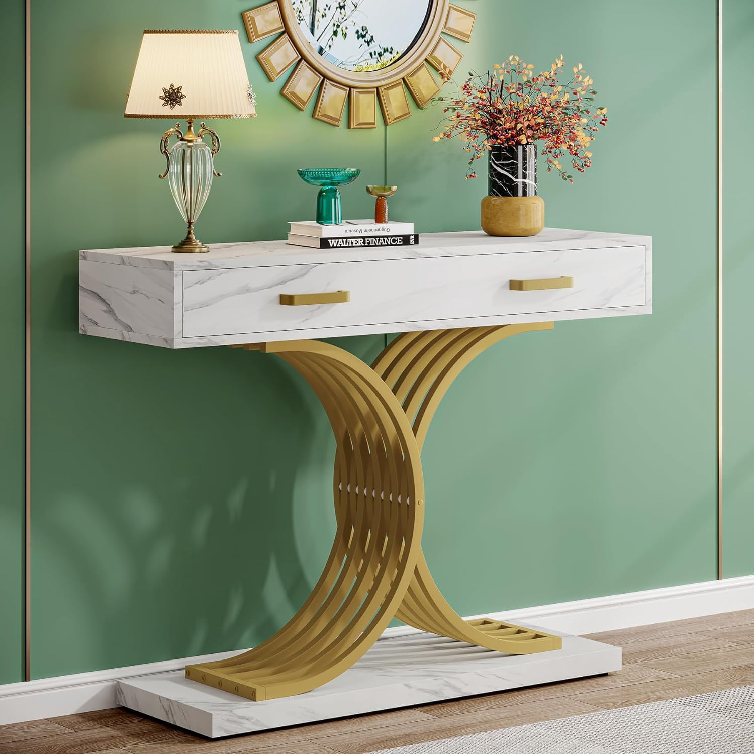 White Gold Console Table with Drawer, Modern 39" Entryway Table with