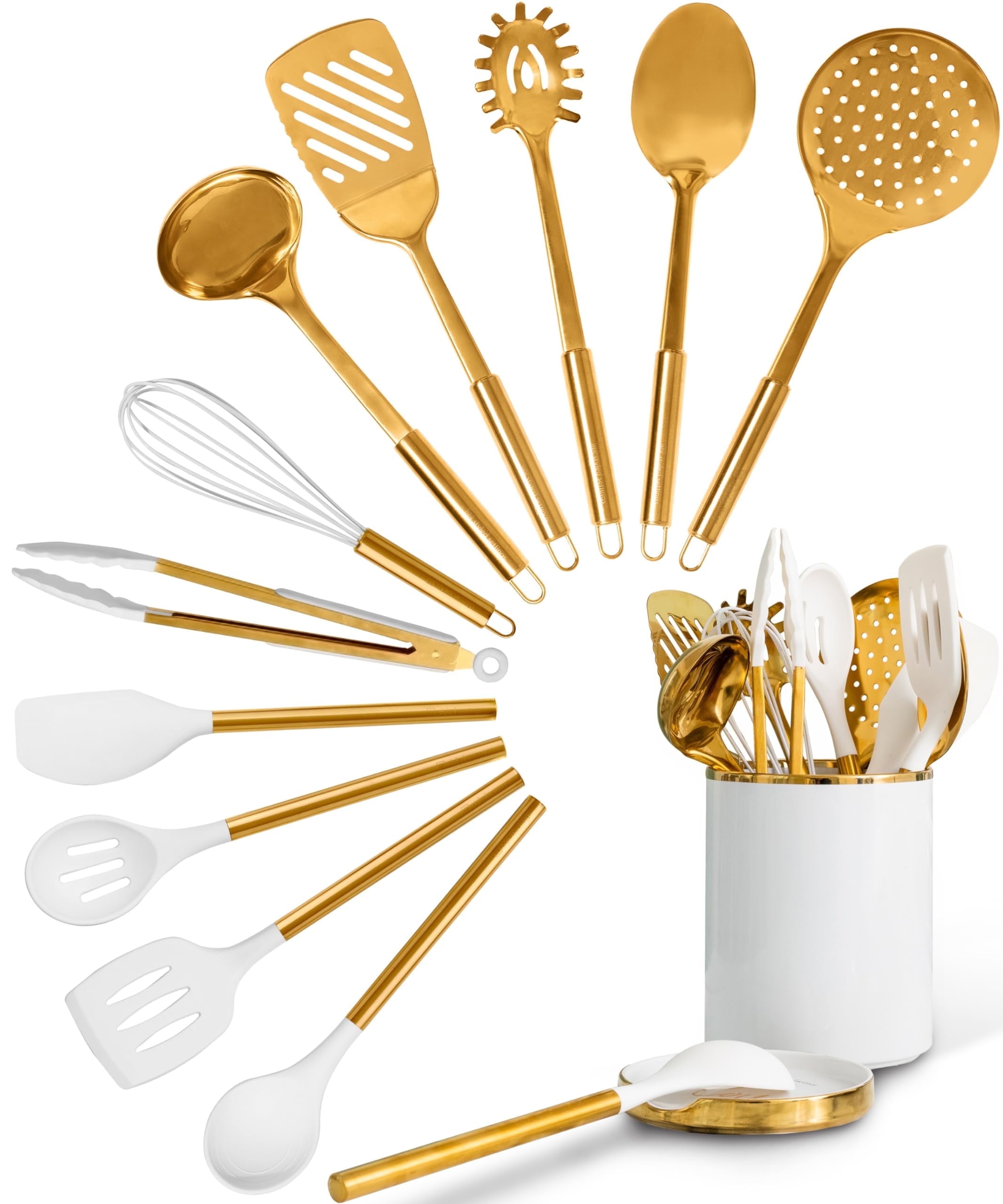 White and Gold Cooking Utensils Set - 13 PC White and Gold Kitchen Utensils Set Includes White Ceramic Utensil Holder with Built-In White & Gold Spoon Rest - Gold Kitchen Accessories