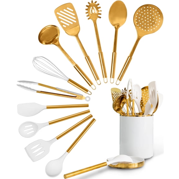 White and Gold Cooking Utensils Set - 13 PC White and Gold Kitchen Utensils Set Includes White Ceramic Utensil Holder with Built-In White & Gold Spoon Rest - Gold Kitchen Accessories