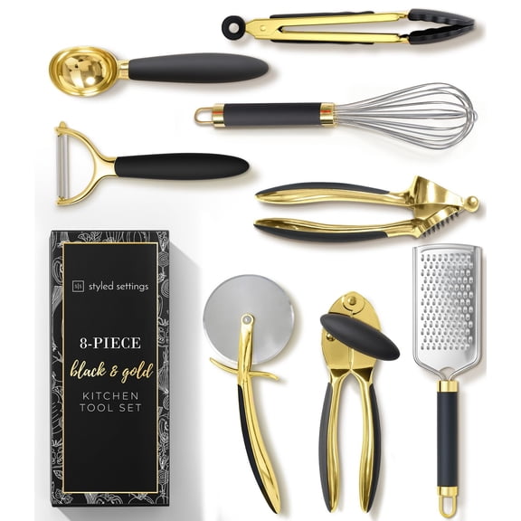 White & Gold Cooking Utensils Set - Luxe 8-Piece Kitchen Gadget Set Includes Can Opener, Tongs and Garlic Press - Stylish White and Gold Kitchen Accessories for Modern Kitchens, Ideal for Gifting