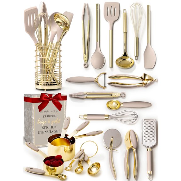 White & Gold Cooking Utensils Set - Luxe 8-Piece Kitchen Gadget Set Includes Can Opener, Tongs and Garlic Press - Stylish White and Gold Kitchen Accessories for Modern Kitchens, Ideal for Gifting