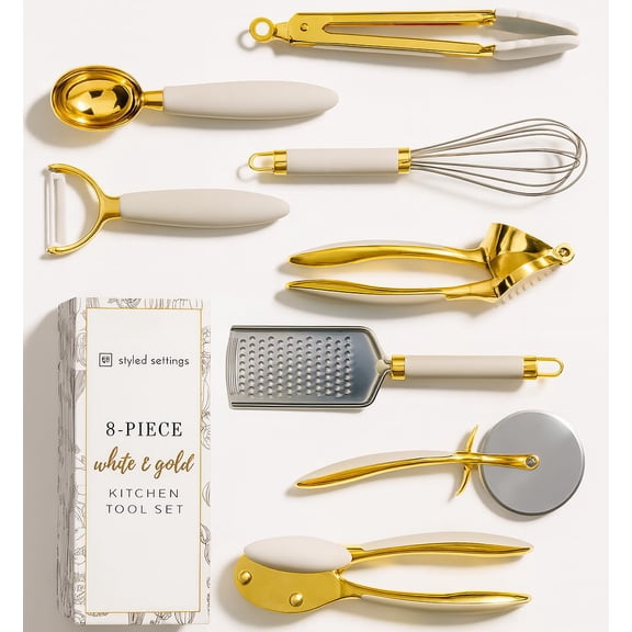 White & Gold Cooking Utensils Set - Luxe 8-Piece Kitchen Gadget Set Includes Can Opener, Tongs and Garlic Press - Stylish White and Gold Kitchen Accessories for Modern Kitchens, Ideal for Gifting