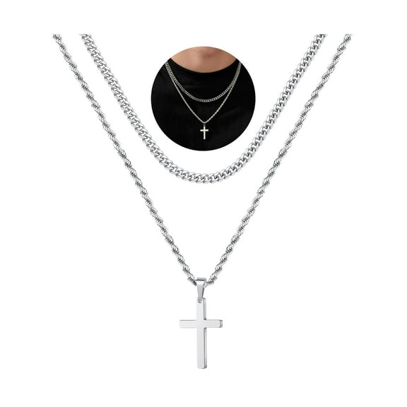 Turandoss Layered Silver Cross Necklace for Men Cool Personalized Ideas Graduation Birthday Gifts for 6 7 8 9 10 11 12 13 14 15 16 17 Year Old Age Teen Teenage Tween Preteen Ideas