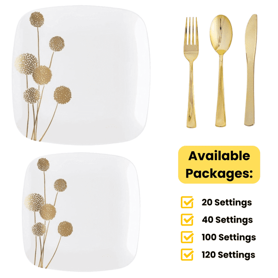 White / Gold Dandelion Wedding Plastic Plates Party Bundle w/ Gold Plastic Cutlery 40 Pack
