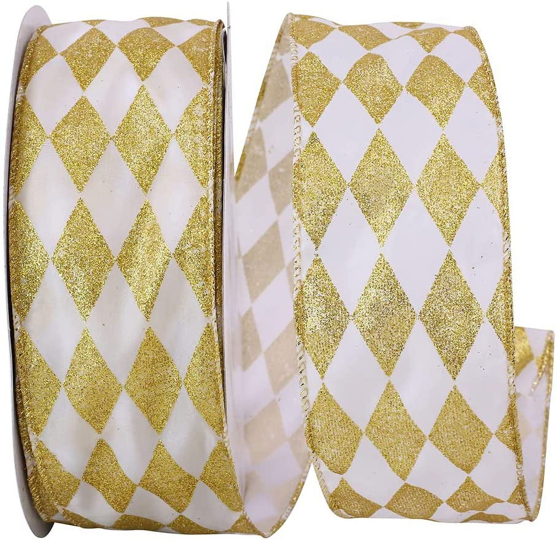 White Gold Diamonds Christmas Ribbon - 2 1/2" x 50 Yards, Argyle, Gold Wire Edged, Glitter, Mardi Gras, Gift Wrap, Wreath, Garland, Tree Topper Bow