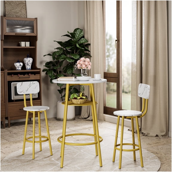 White Gold Dining Table Set with 2 Stools, Faux Marble Top Kitchen Table and Chair Set for Small Space, Counter Height Bistro Set for Dining Room, Cafe, Bar