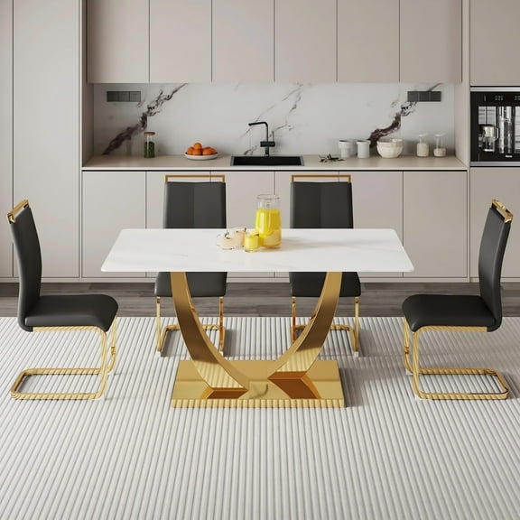 SUDICA Dining Table Set 63" White Faux Marble, Gold Metal Base, 5-Piece with 4 Black PU Chairs