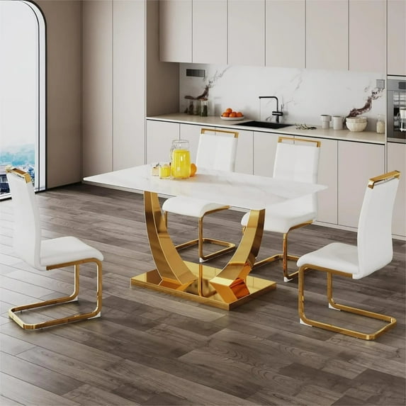 SUDICA Dining Table Set for 4, 63 Inch Rectangular Tempered Glass Table with White Marble Finish and Gold Metal Base for Dining Room