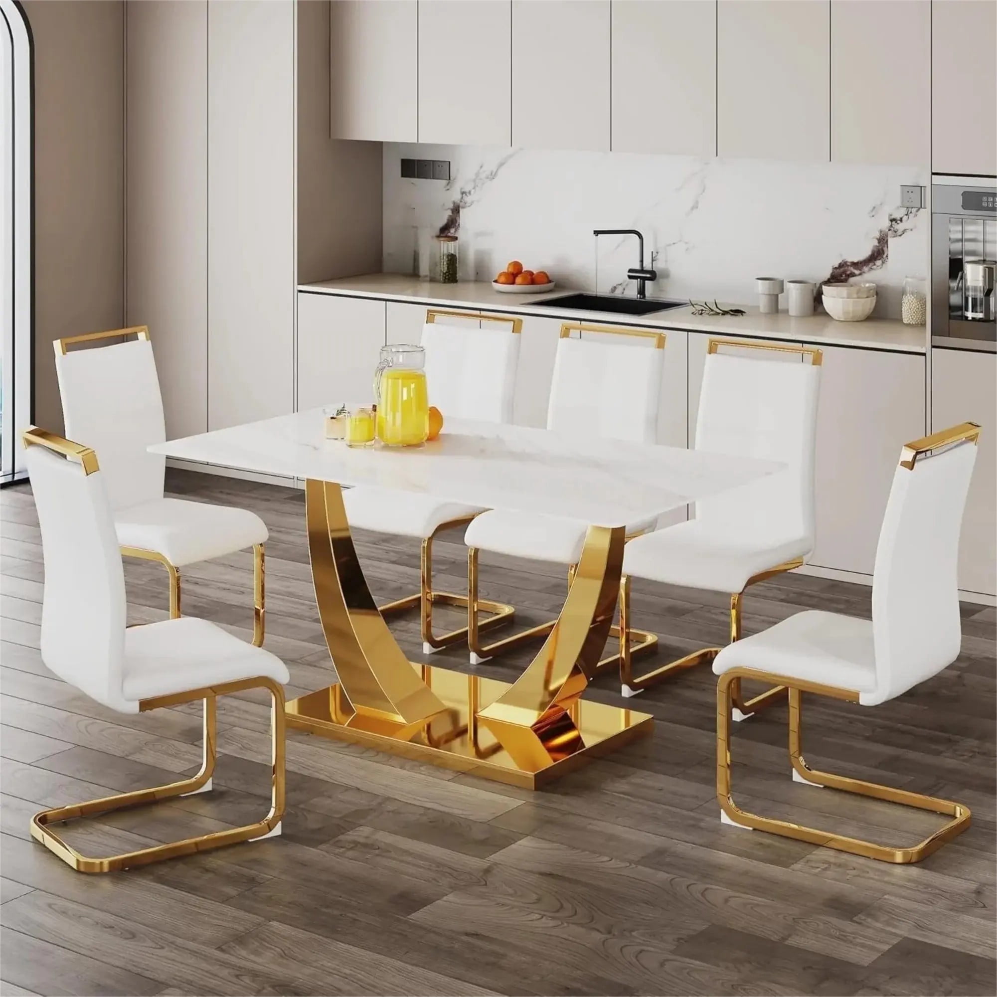 SUDICA Dining Table Set 63", Tempered Glass Top, White Marble Finish ...