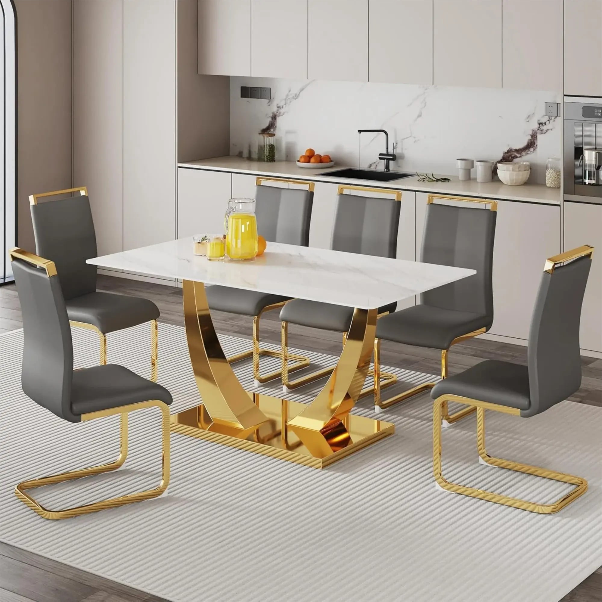 White and Gold Dining Table Set for 6, Faux Marble Dining Room Table ...