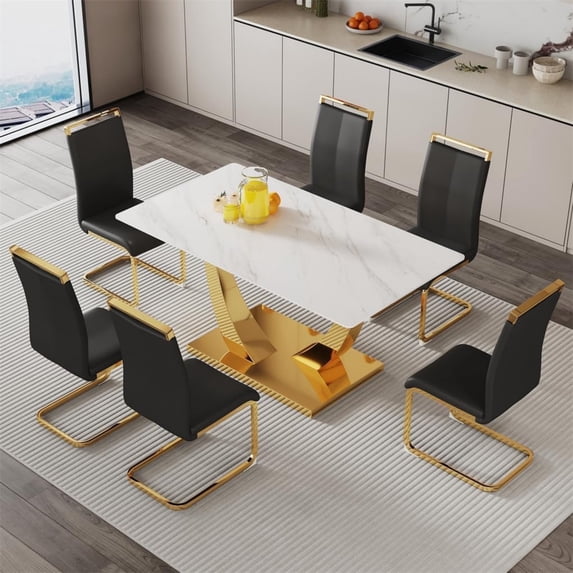 SUDICA 63" Faux Marble Dining Table Set for 6, White Rectangular Tempered Glass Top with Gold Metal Base and 6 PU Leather Chairs