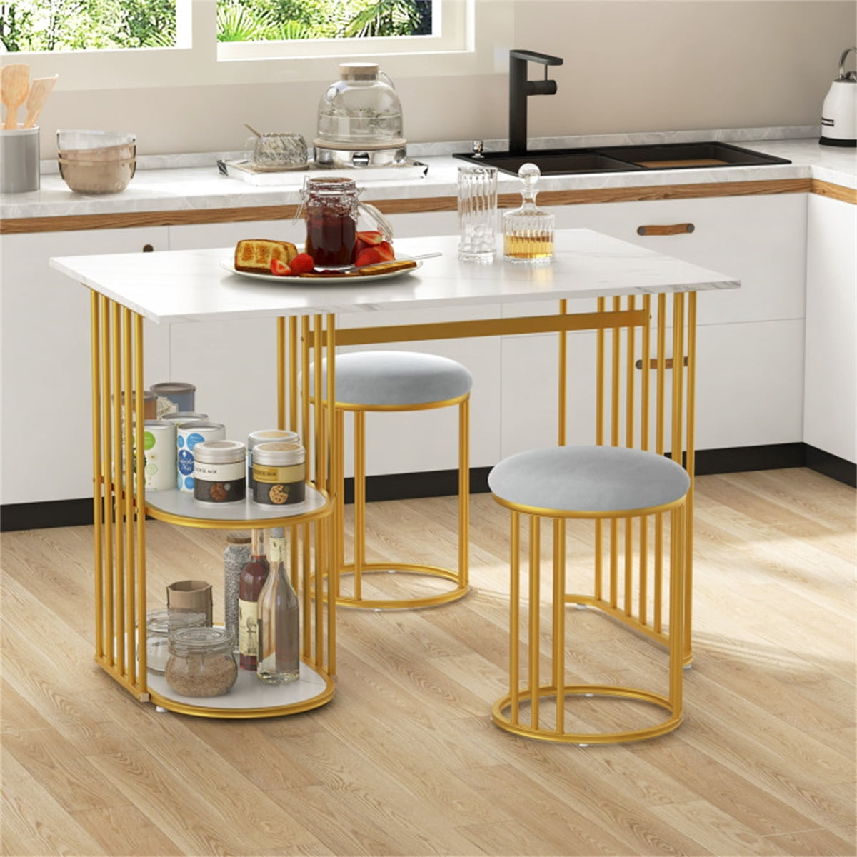 White Gold Dining Table Set with Faux Marble Top 2 Layer Open Shelves ...
