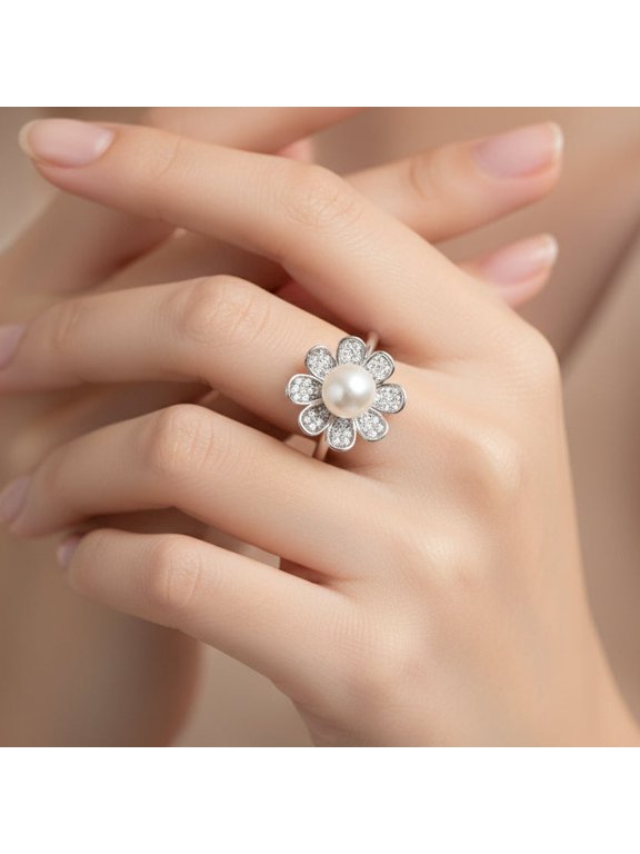 White Gold Dipped CZ Flower Acrylic Pearl Adjustable Ring