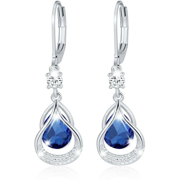 White Gold Plated Drop Earrings for Women Mom,Teardrop Earrings,S925 Sterling Silver September Birthstone Earrings with Blue Sapphire,CZ Dangle Earring Birthday Mother's Day Jewelry Gifts for Her