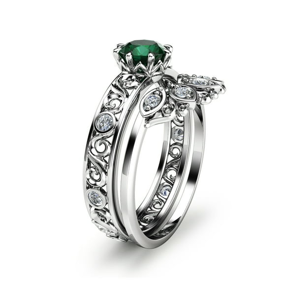 White Gold Emerald Engagement Ring And Unique Diamonds Band