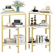 White and Gold End Tables Set of 2, Round Marble Nightstand Set of 2 for Bedroom 3-Tier Marble Side Table Small Coffe Table with Metal Legs,Modern Sofa Table Accent Table for Living Room