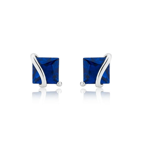 White Gold Finish Created Blue Sapphire Princess Stud Earrings 15MM