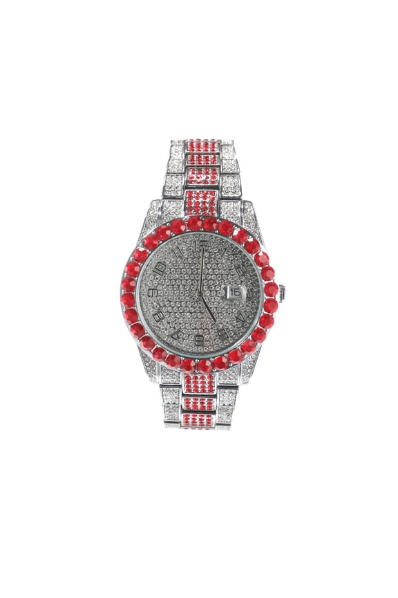 White Gold Finish Red Solitaire Bezel Simulated Diamond Bling Stainless Steel Fully Iced Out Hip Hop Round Date Function Luxury Watch 42mm