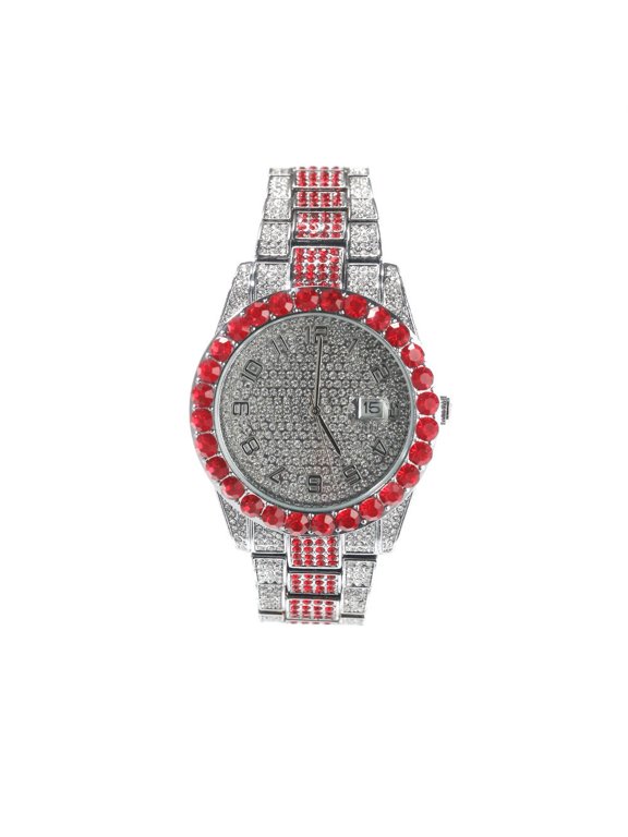 White Gold Finish Red Solitaire Bezel Simulated Diamond Bling Stainless Steel Fully Iced Out Hip Hop Round Date Function Luxury Watch 42mm